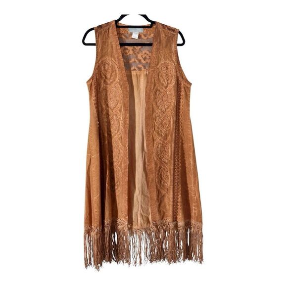 Inca Cotton Women’s Sleeveless Embossed Fringe Boho Gypsy Open Front Cardigan - Picture 2 of 9